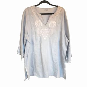 Womans Symple Linen blouse‎ size 1X organic linen beaded embroidered blue New